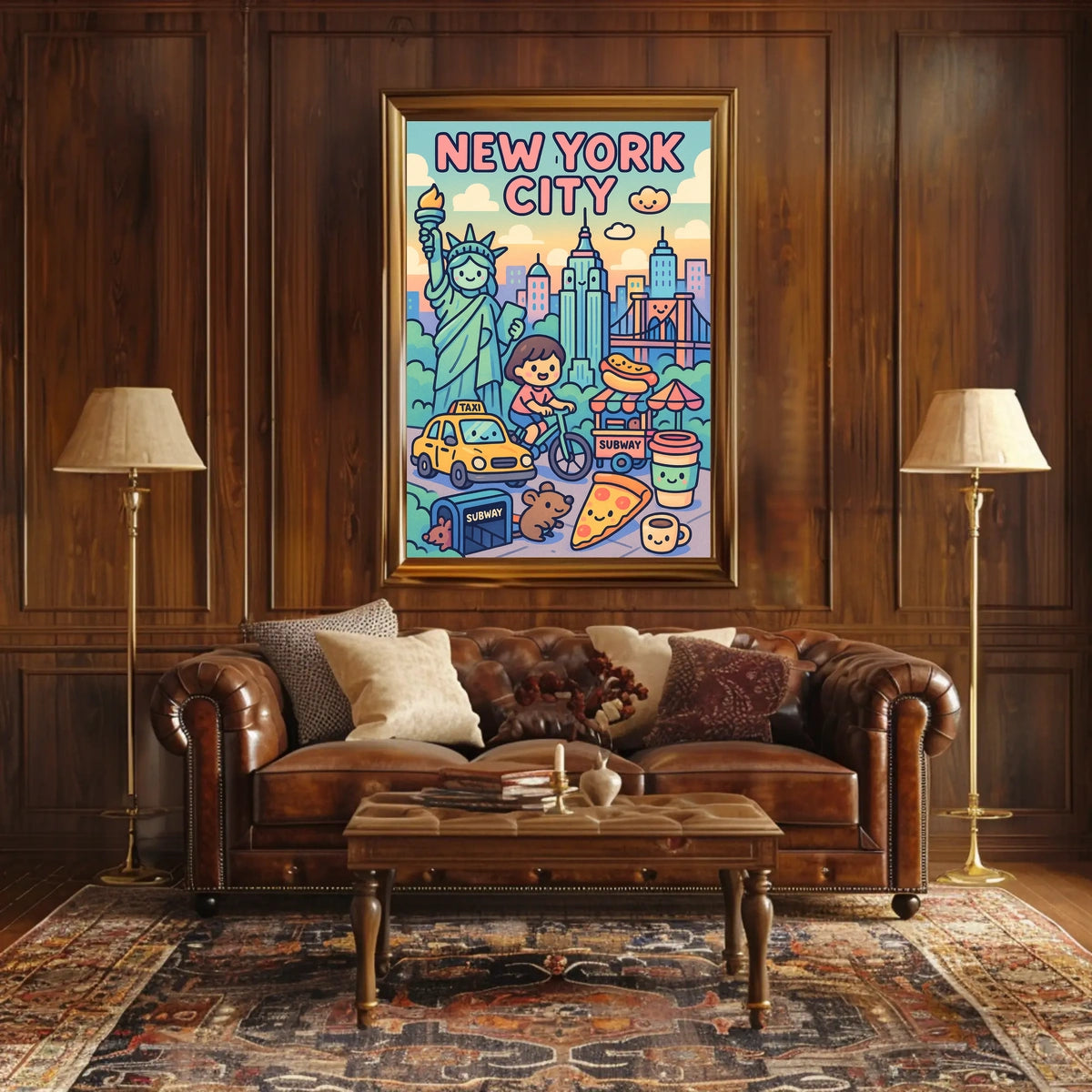 New York City Whimsical Cartoon Poster Modern Wall Art