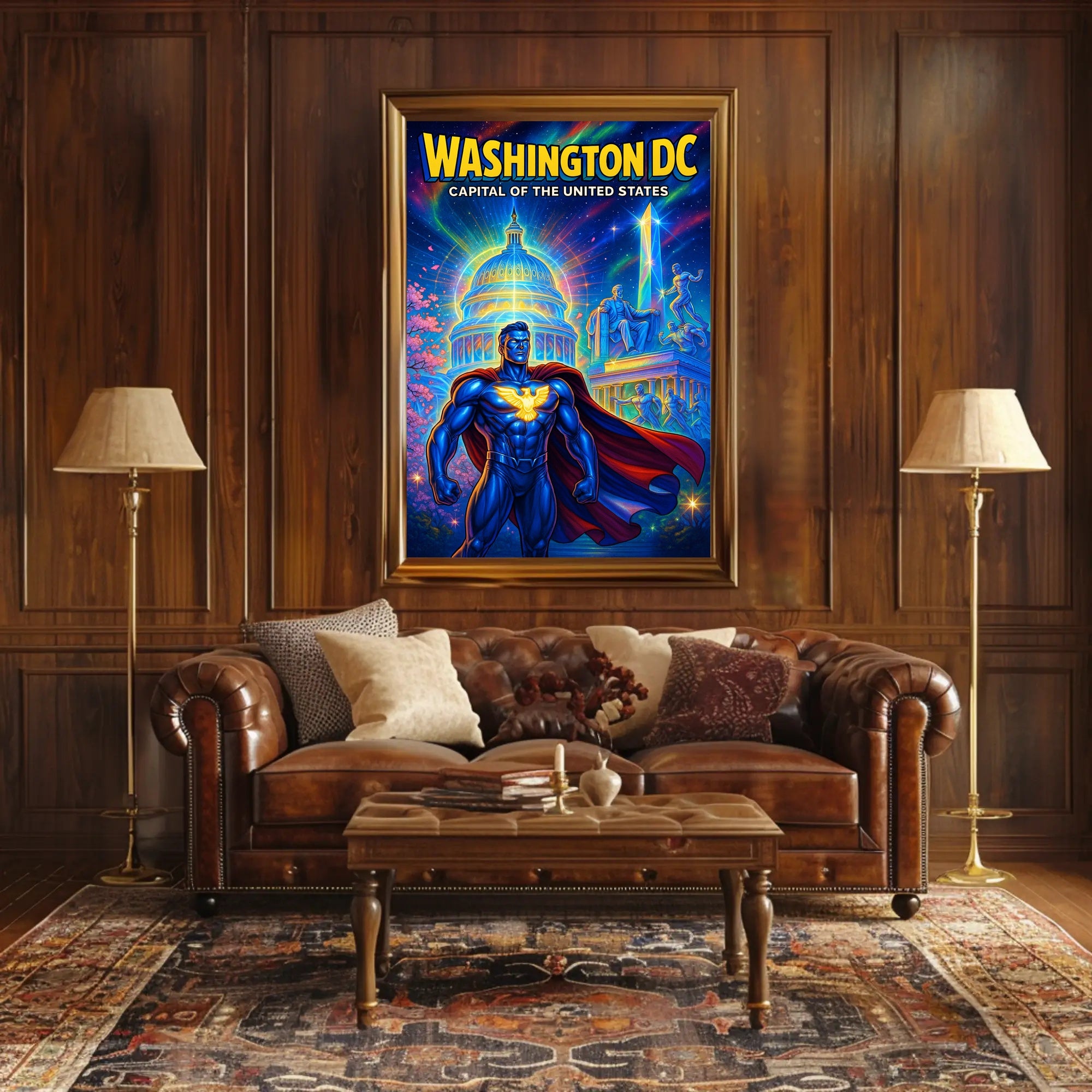 Superhero Patriotism in Washington DC Pop Culture Poster