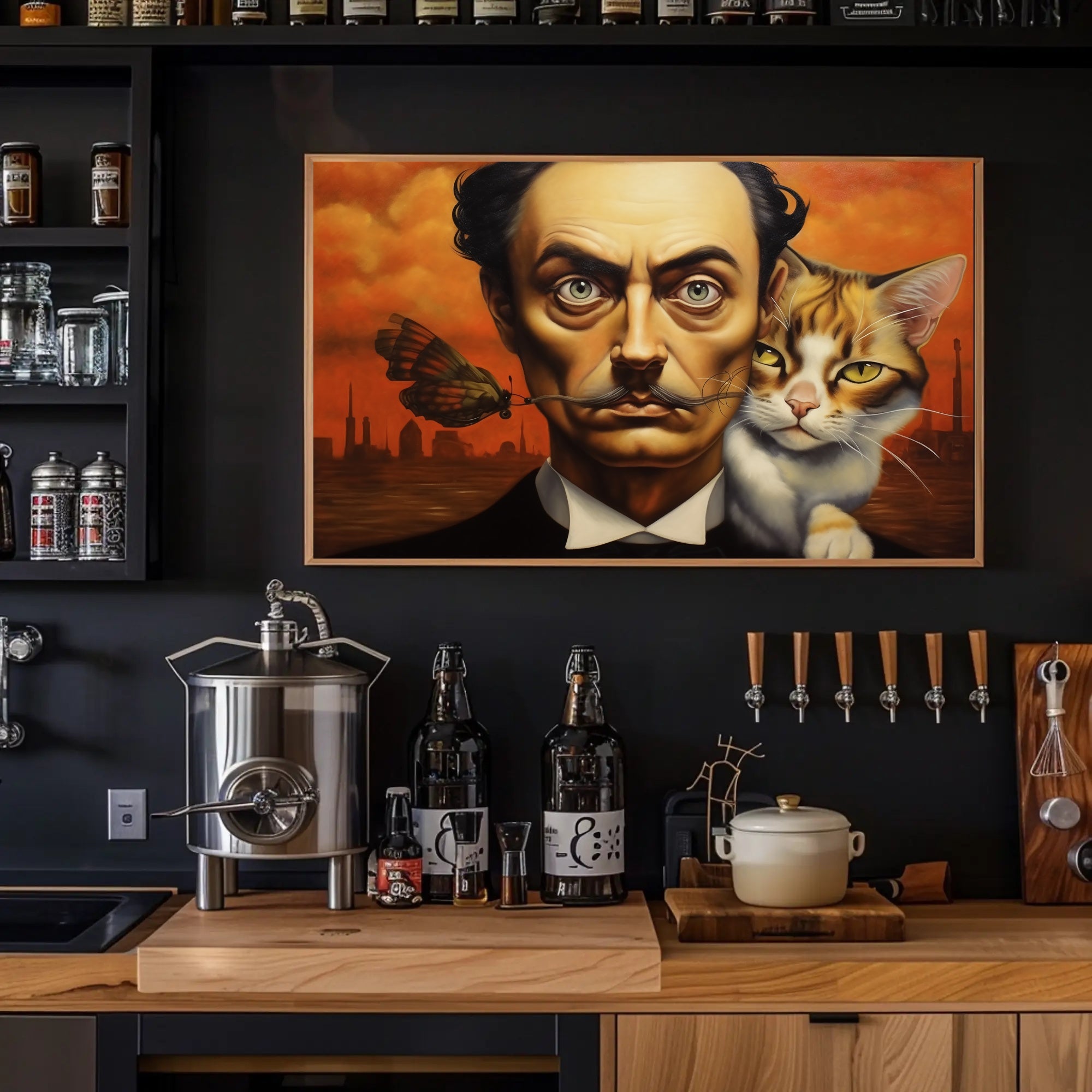 Surreal Urban Portrait with Man and Cat – Artistic Poster