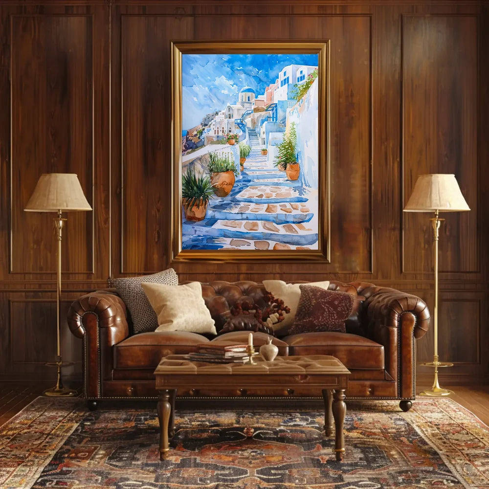 Santorini Serenity: Watercolor Greek Island Poster