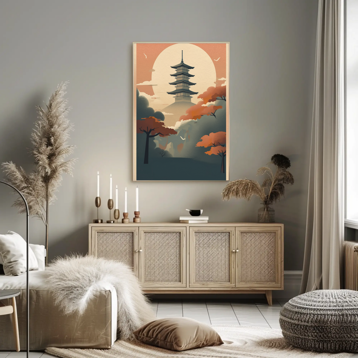 Sunset Pagoda Japan Mountain Haze Vintage Travel Poster