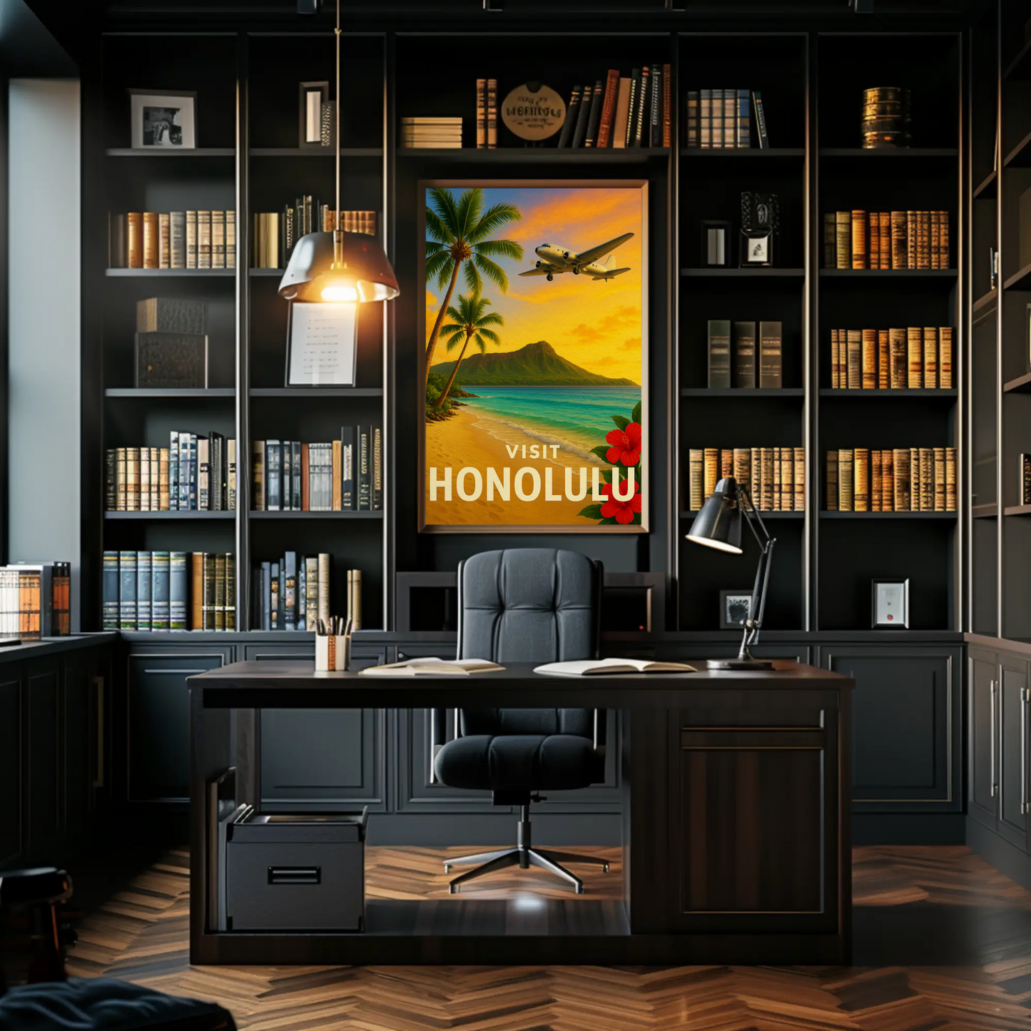 Visit Honolulu Hawaii Vintage Plane Palm Beach Travel Poster