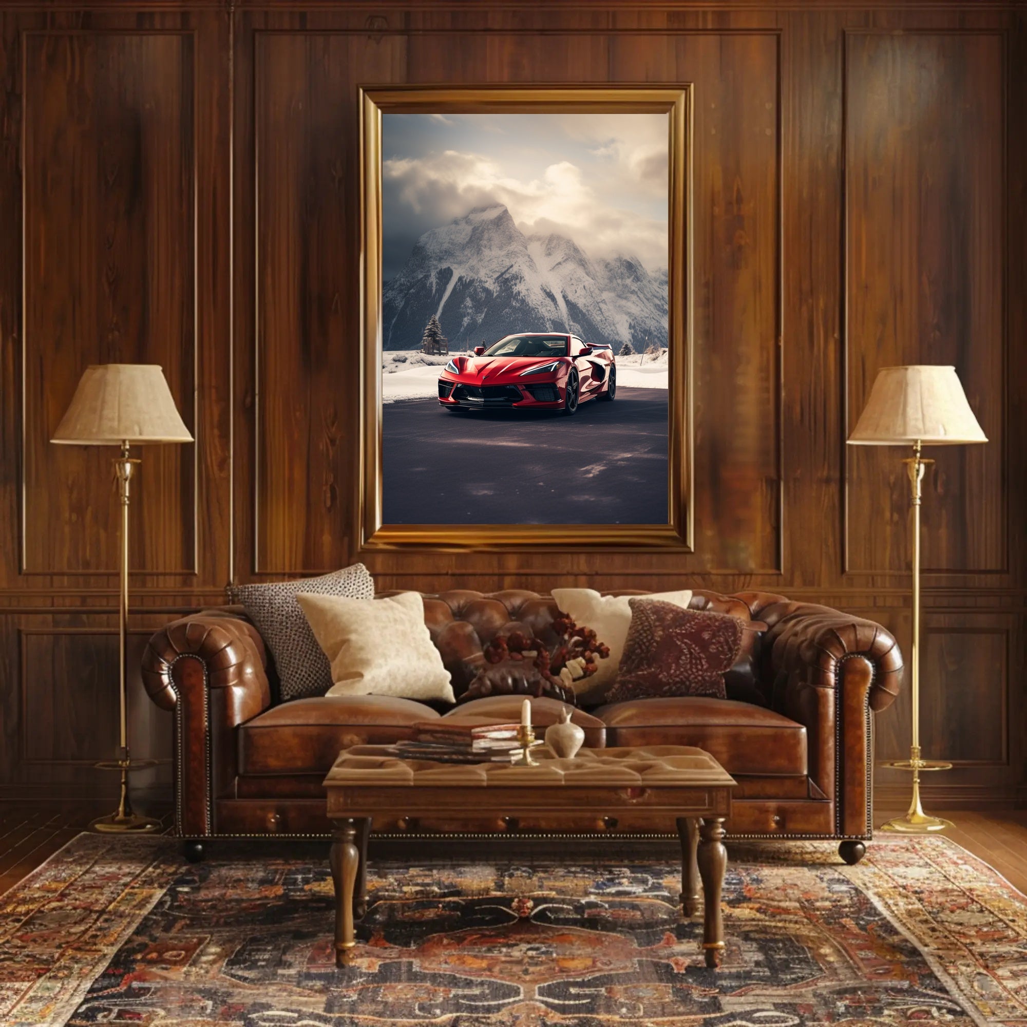 Sleek Red Sports Car in Alpine Landscape Poster PosterGoat
