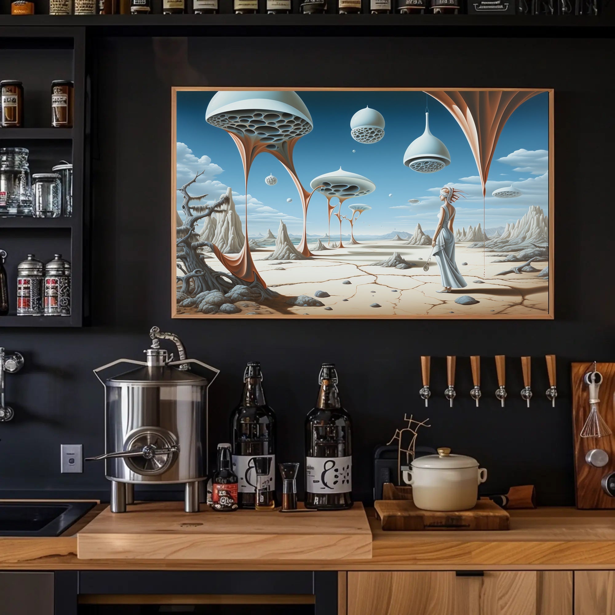 Surreal Desert Traveler with Futuristic Sci-Fi Poster