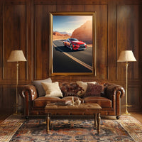 Sleek Red Sports Car on Desert Highway Poster PosterGoat