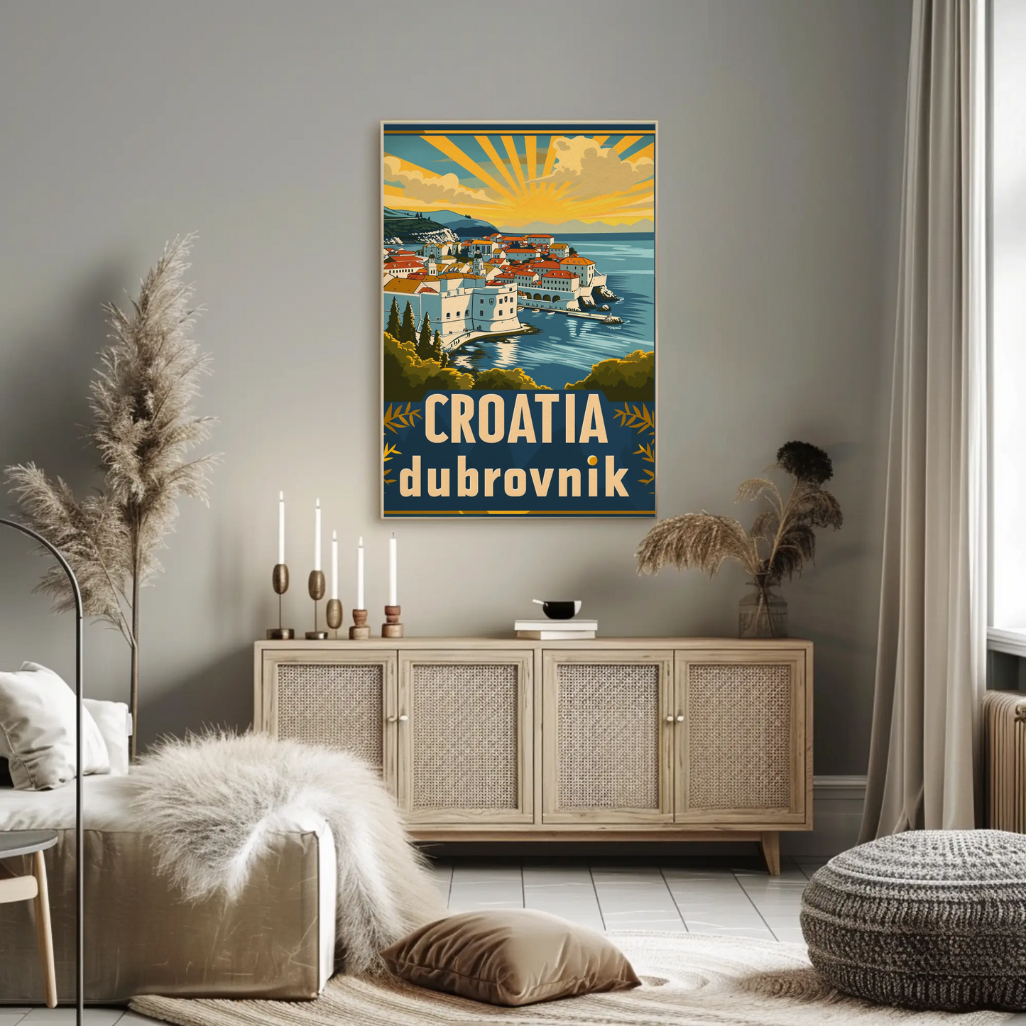 Croatia Dubrovnik Sunset Coastline Vintage Travel Poster