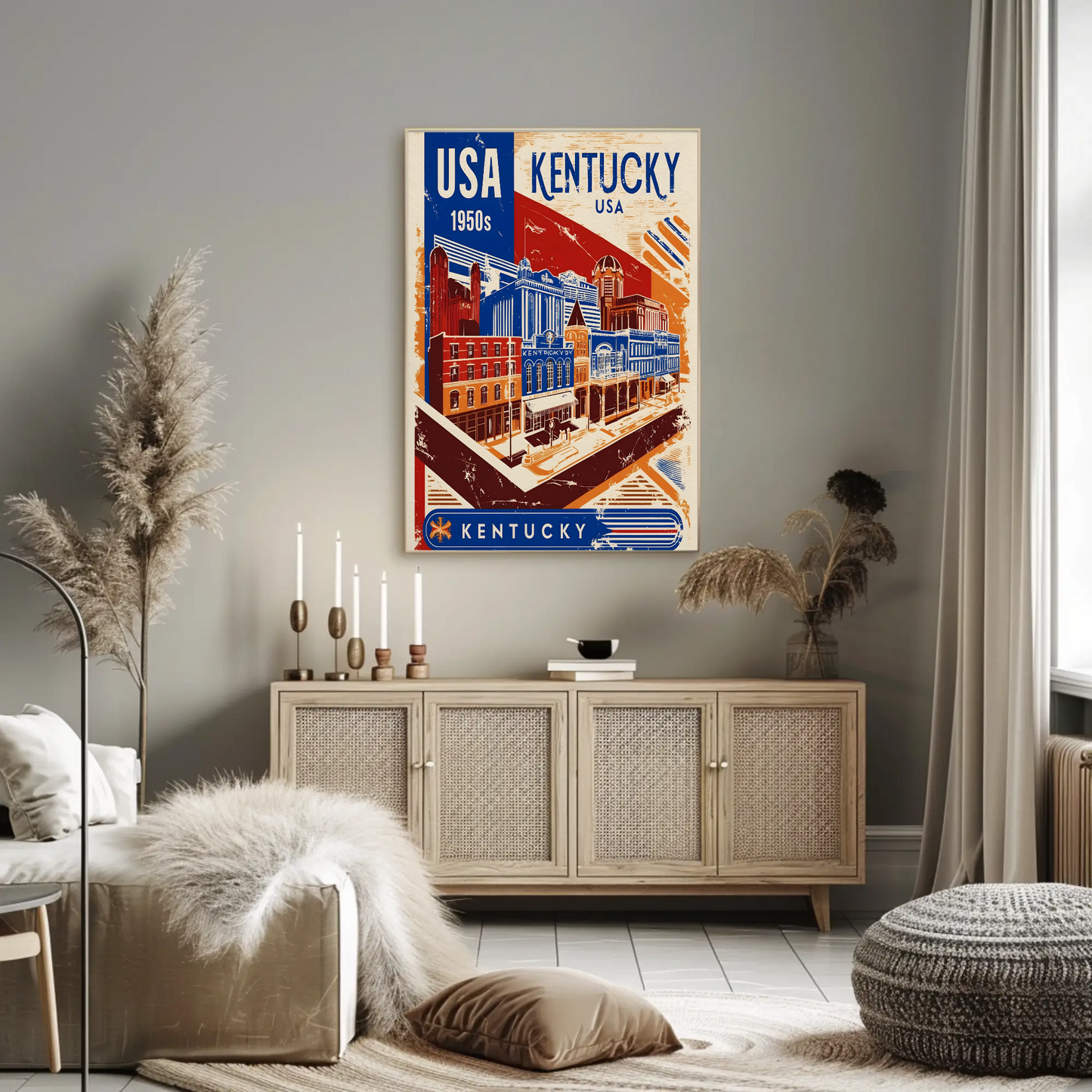 Kentucky USA 1950s Downtown Streets Vintage Maroon Travel Poster