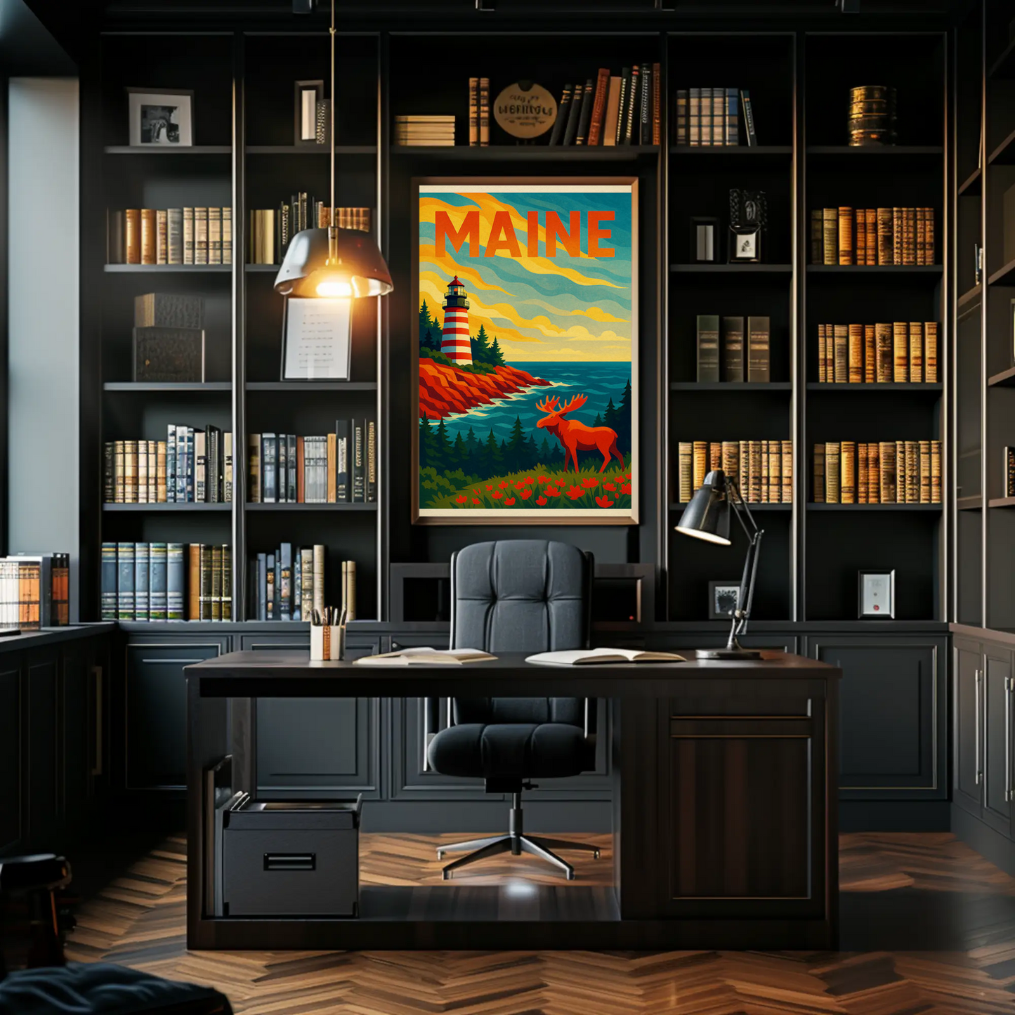 Maine Lighthouse Moose Forest Coastal View Poster
