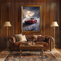 Red Sports Car in Snowy Mountains Poster PosterGoat