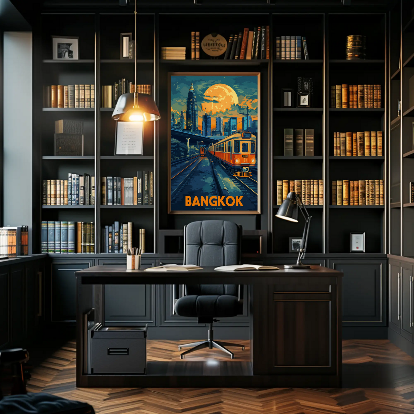Bangkok Skyline Train Moonlight Glow Travel Poster