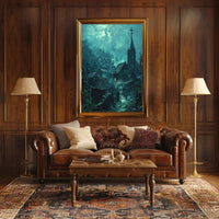 Mysterious Gothic Village Poster with Moonlit Atmosphere PosterGoat