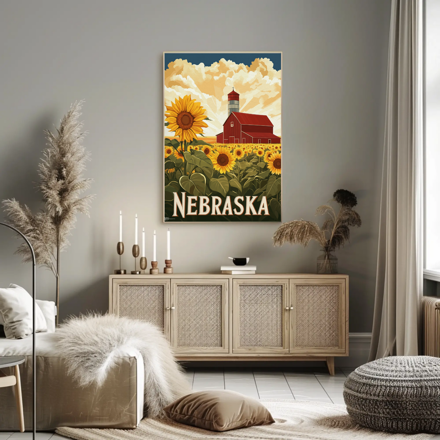 Nebraska Vintage Poster - Sunflower Barn