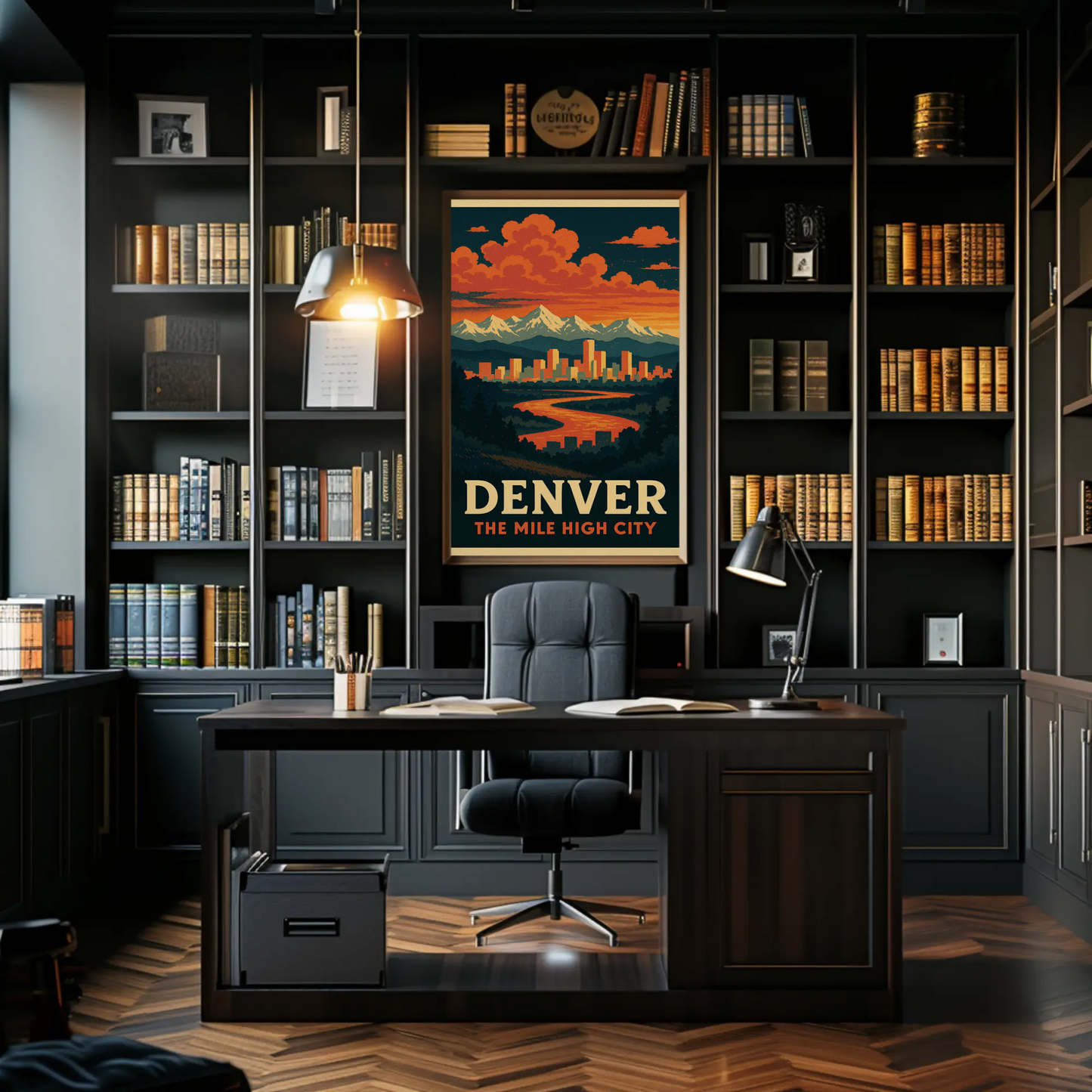 Denver Colorado Sunset Skyline Mountains Travel Poster