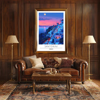 Santorini Sunset Travel Scene: Beautiful Mediterranean Landscape Poster