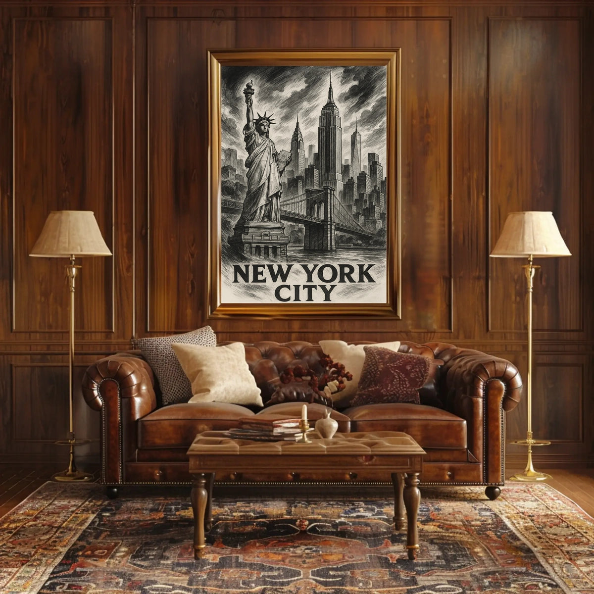 New York City Poster Vintage Sketch Landmarks Wall Art