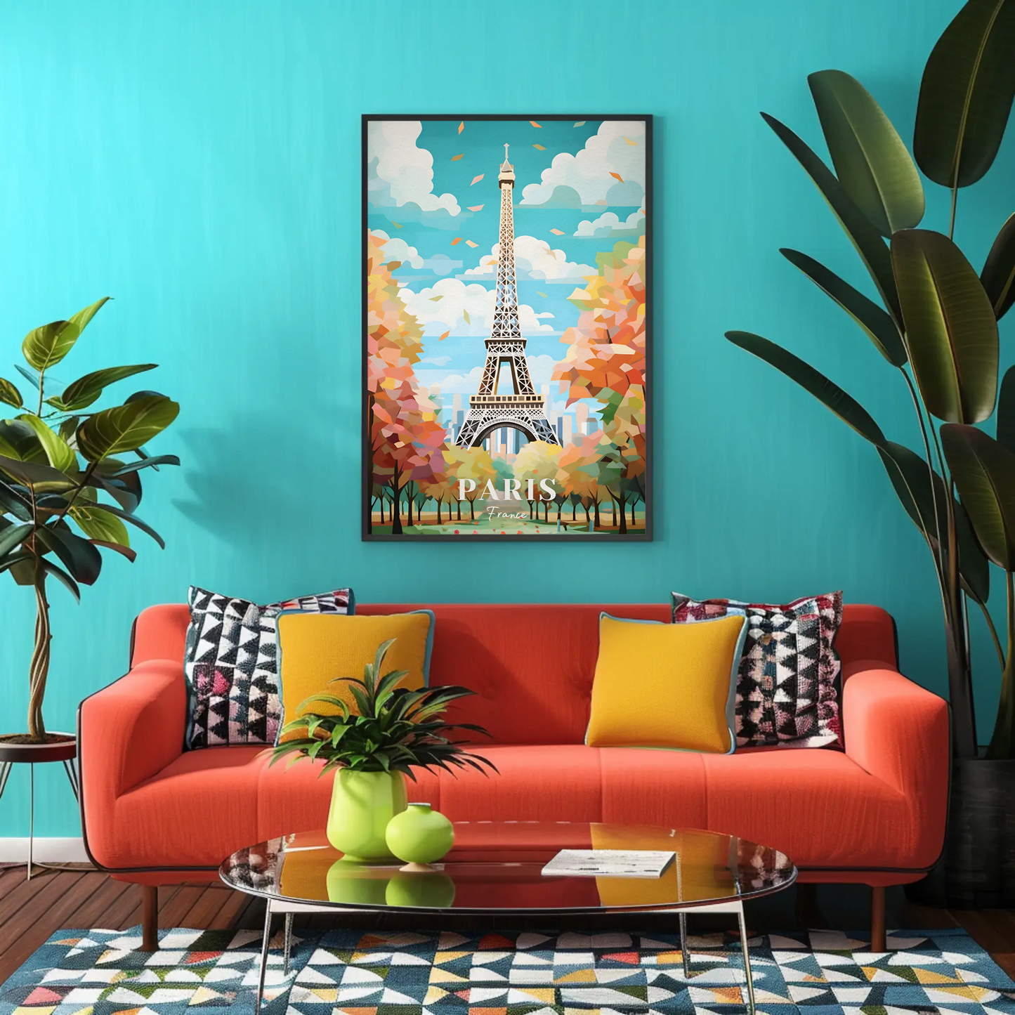 Paris France Eiffel Tower Autumn Leaves Vintage Travel Poster