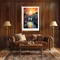 Bath River Bridge Sunset Scene Travel Poster PosterGoat