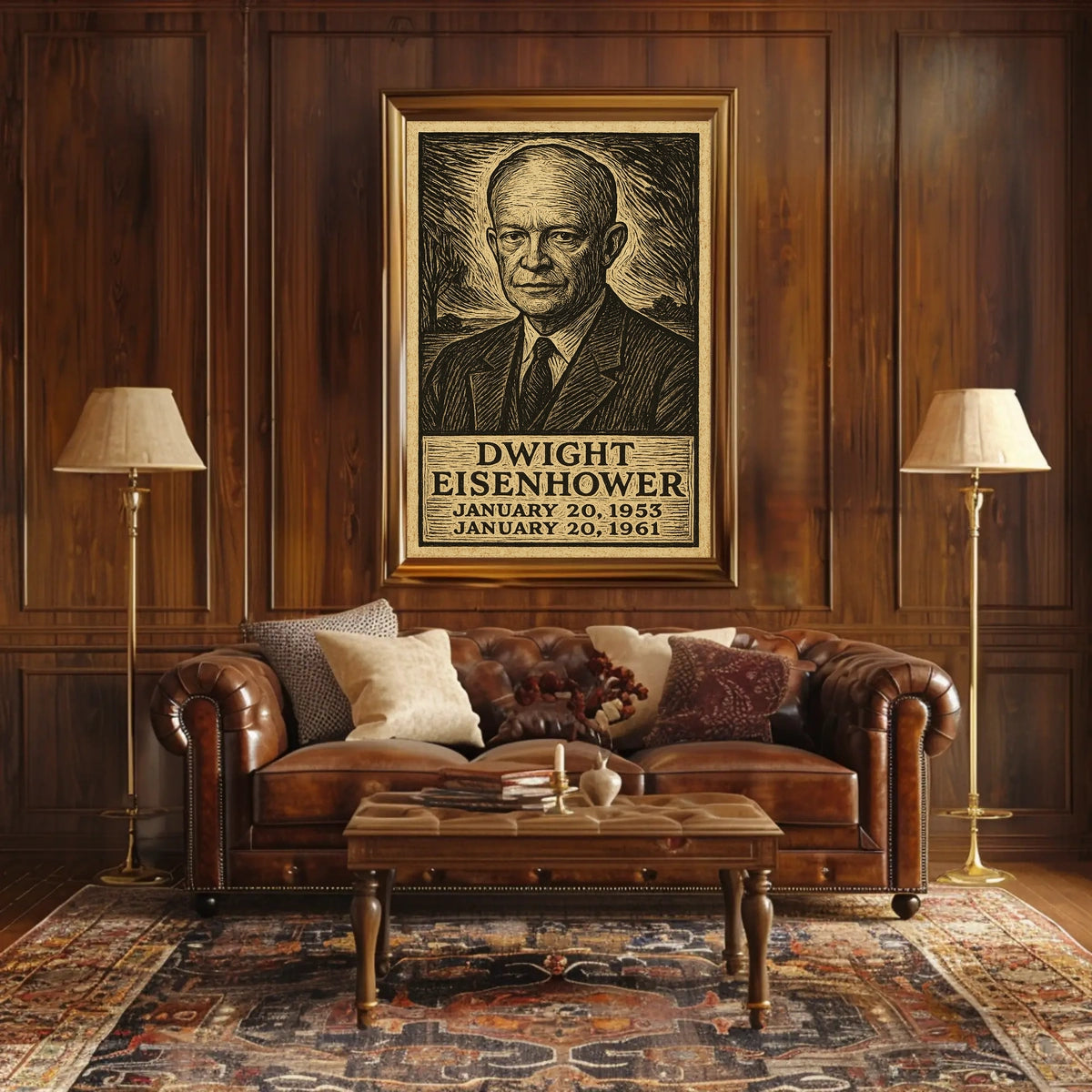 Eisenhower Portrait Midcentury Woodcut Patriotic Poster