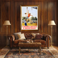 Dynamic Vintage Basketball Scene with Soviet Propaganda Sports Poster