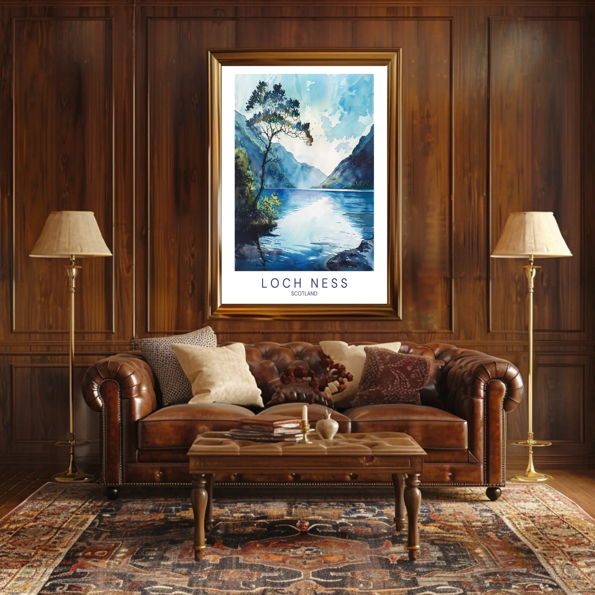 Serene Loch Ness Watercolor Landscape Travel Poster PosterGoat