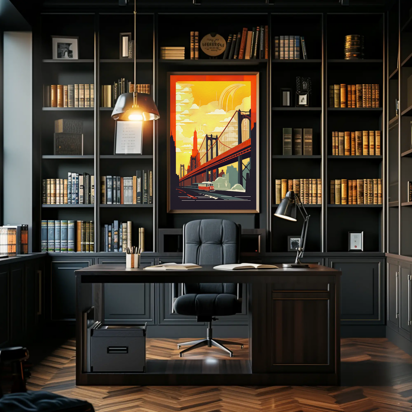 Golden Bridge City Transit Scene Travel Poster
