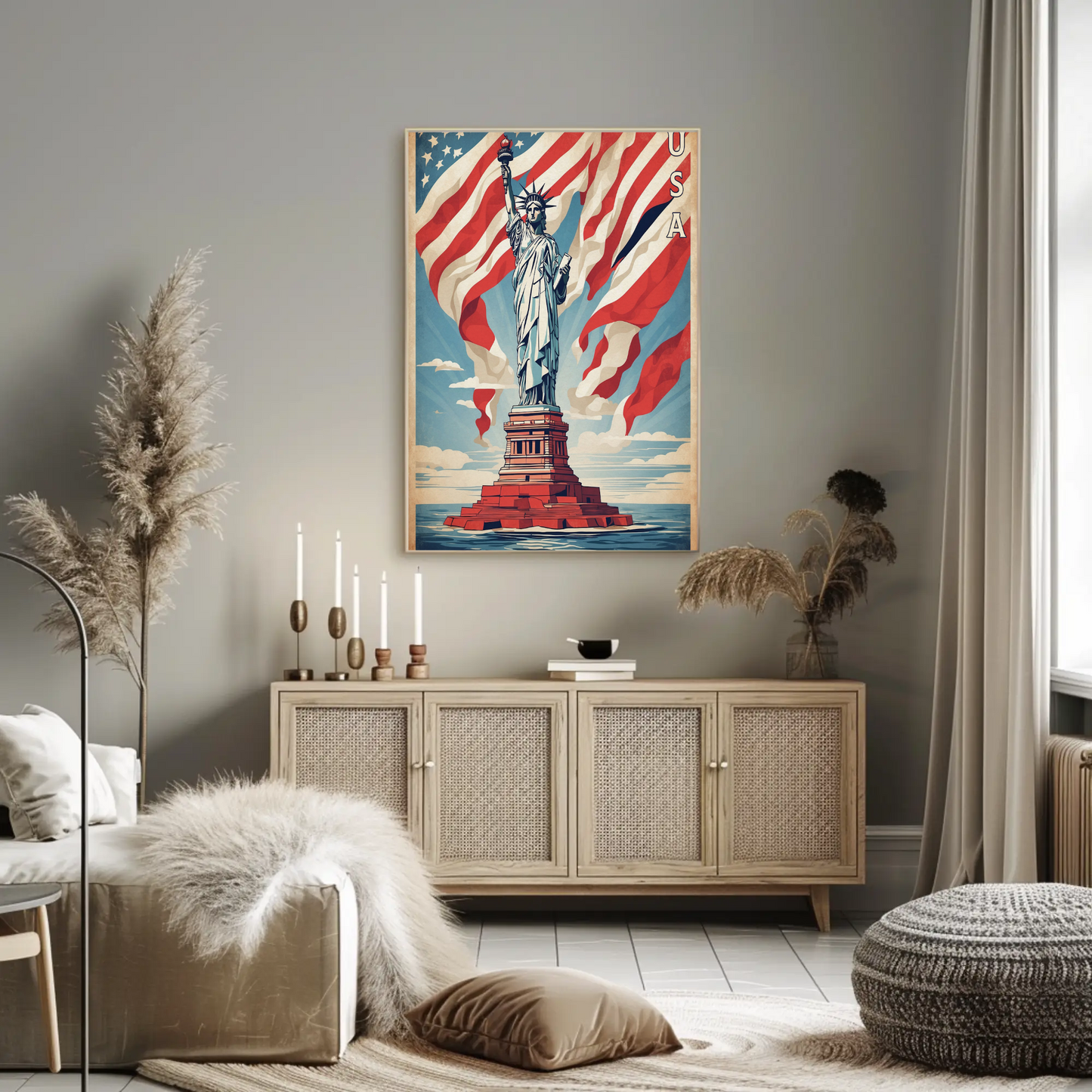 Liberty Statue American Flag Waves Vintage Travel Poster