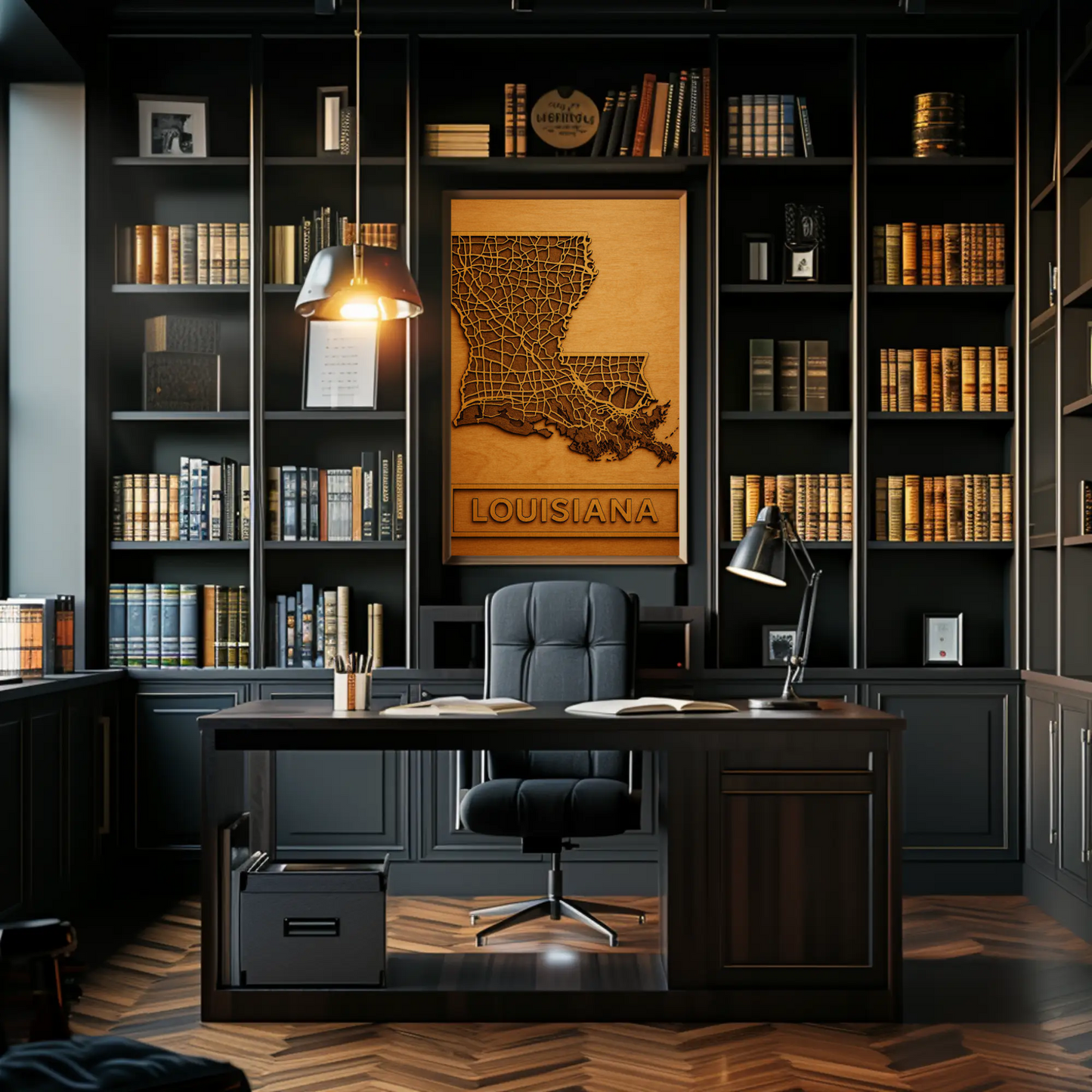 Louisiana Road Map Wood Engraved State Art Poster