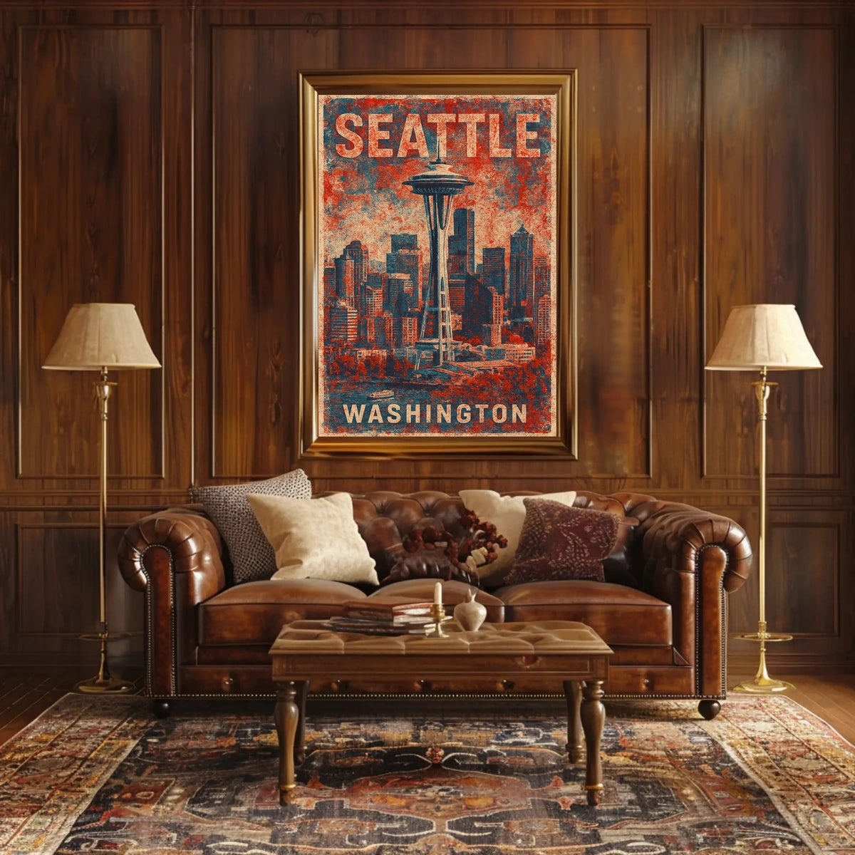 Seattle Space Needle Retro Urban Cityscape Travel Poster
