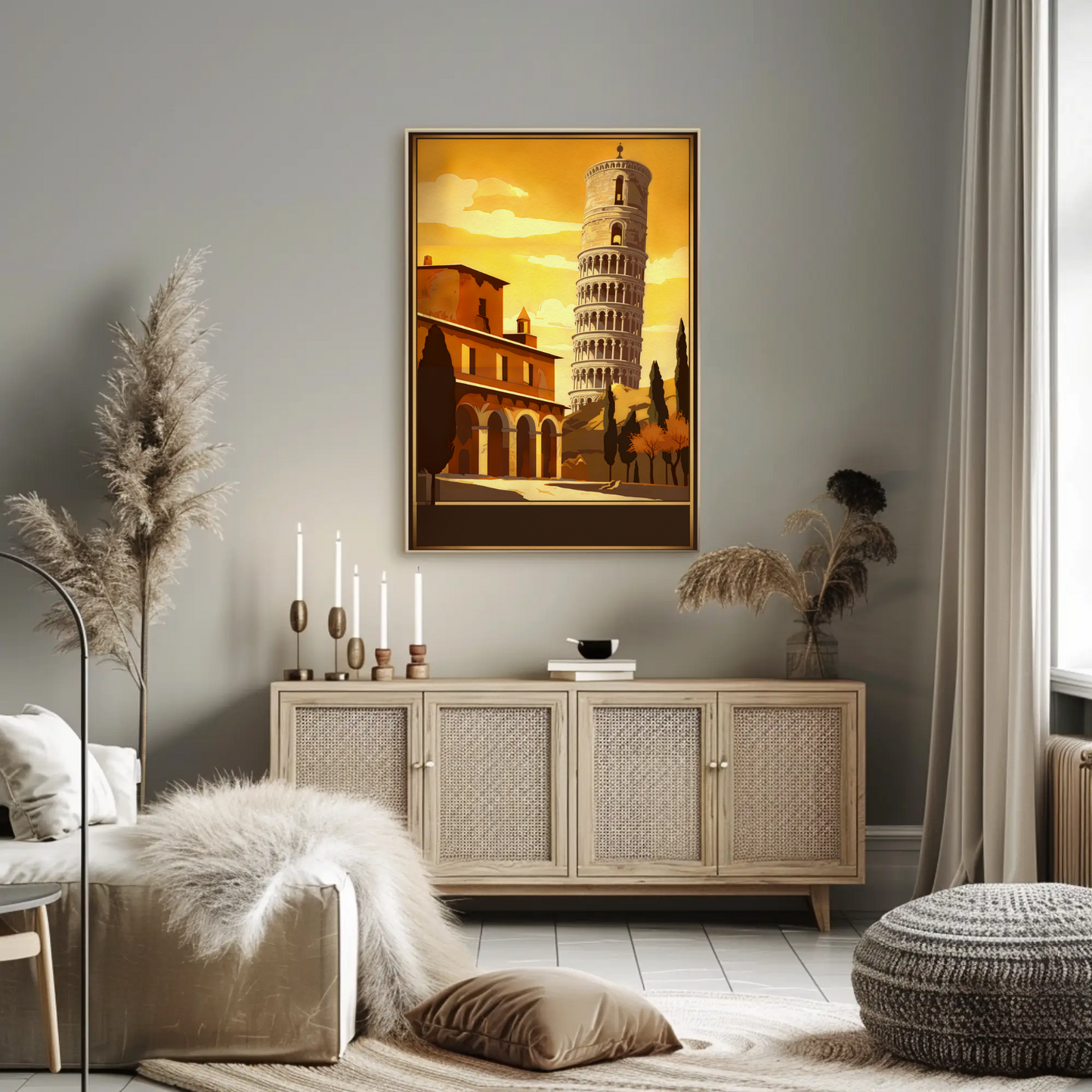Italy Pisa Leaning Tower Sunset Sky Vintage Travel Poster