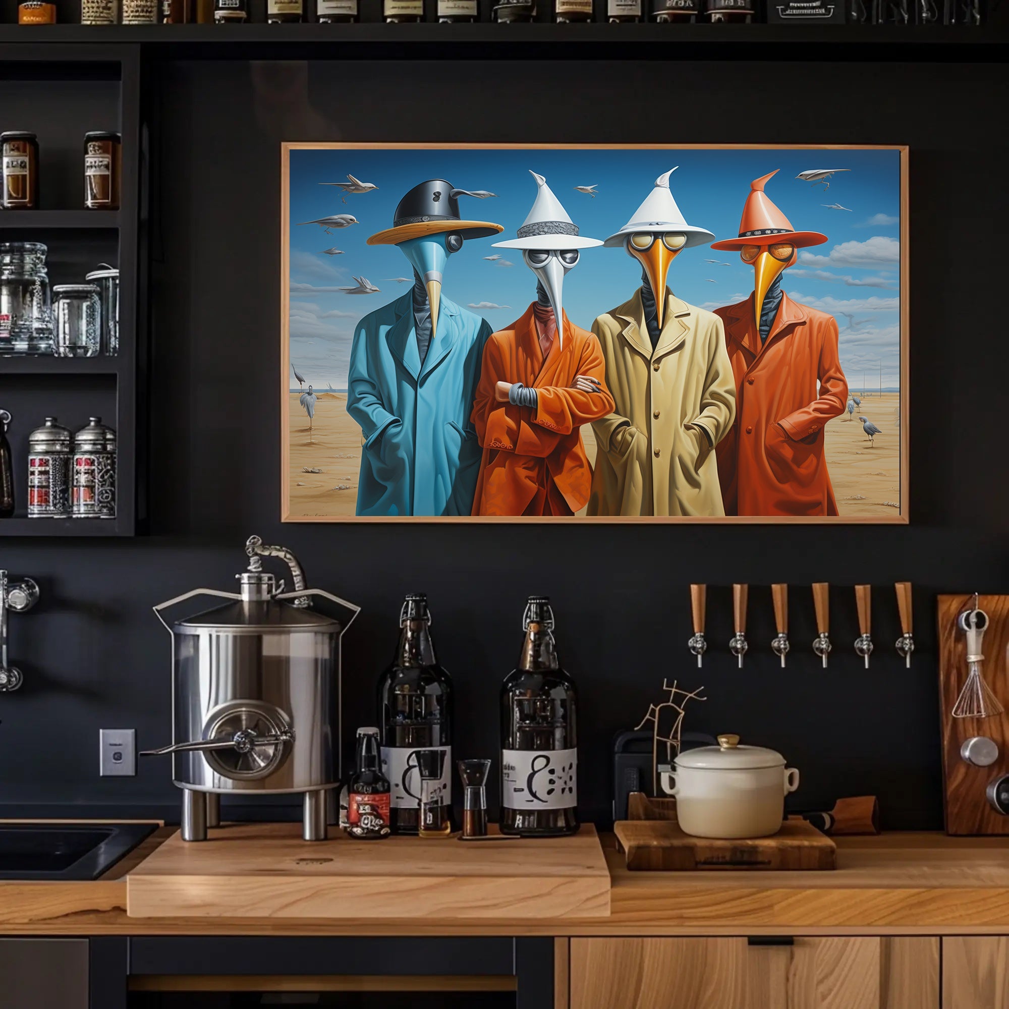 Surreal Characters in Elongated Beak Masks: Artistic Poster