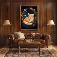 Moonlit Serenity Fox Autumn Leaves Digital Painting Poster