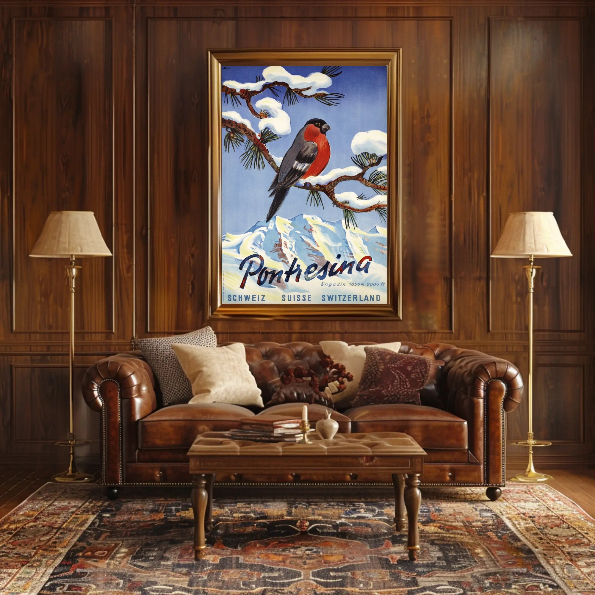 Vibrant Bullfinch Snowy Swiss Landscape Travel Poster PosterGoat