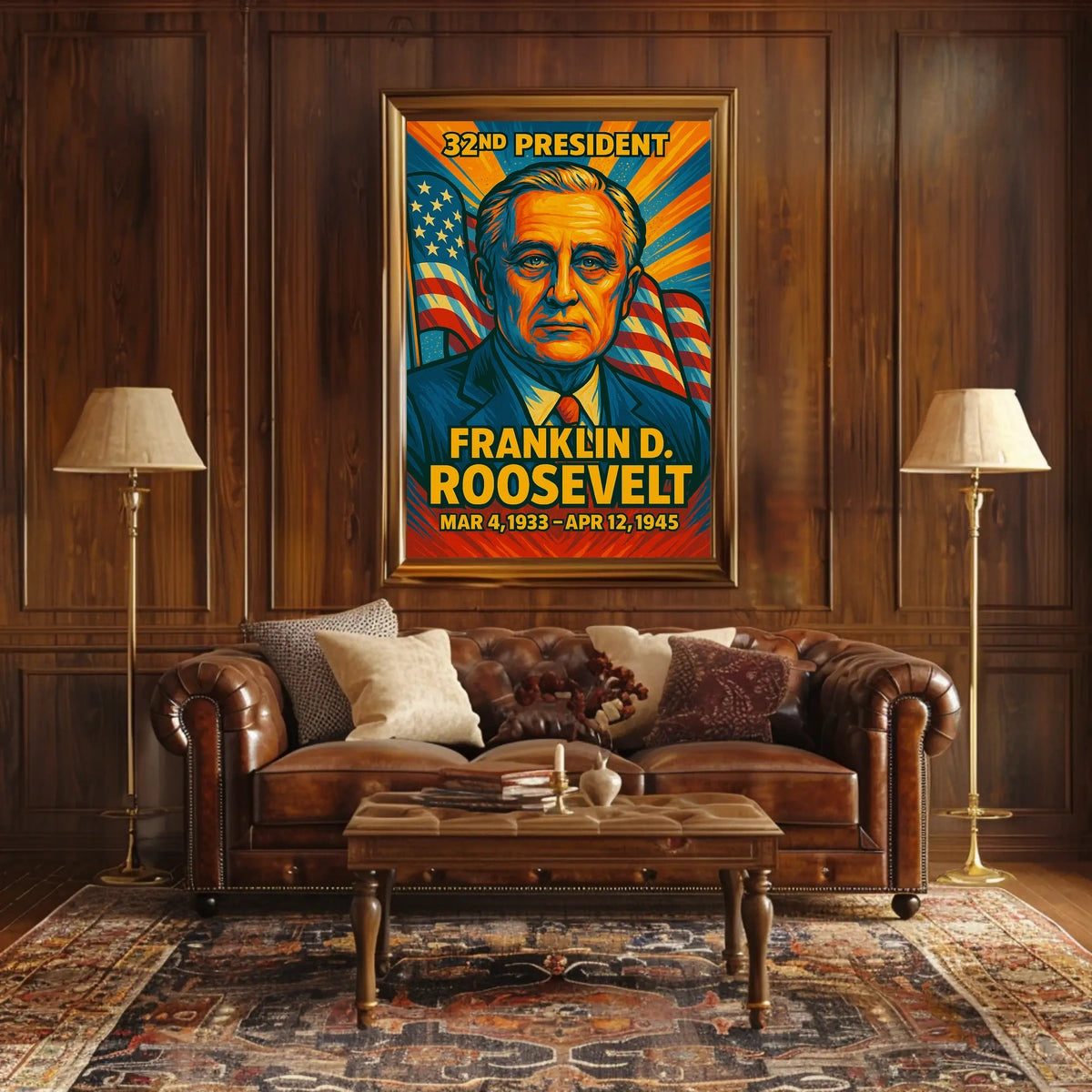 Franklin D. Roosevelt 32nd President of the United States Colorful Comic Book Style Poster