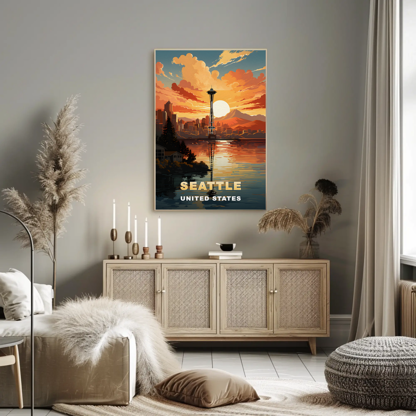 Seattle Washington Space Needle Sunset Vintage Travel Poster