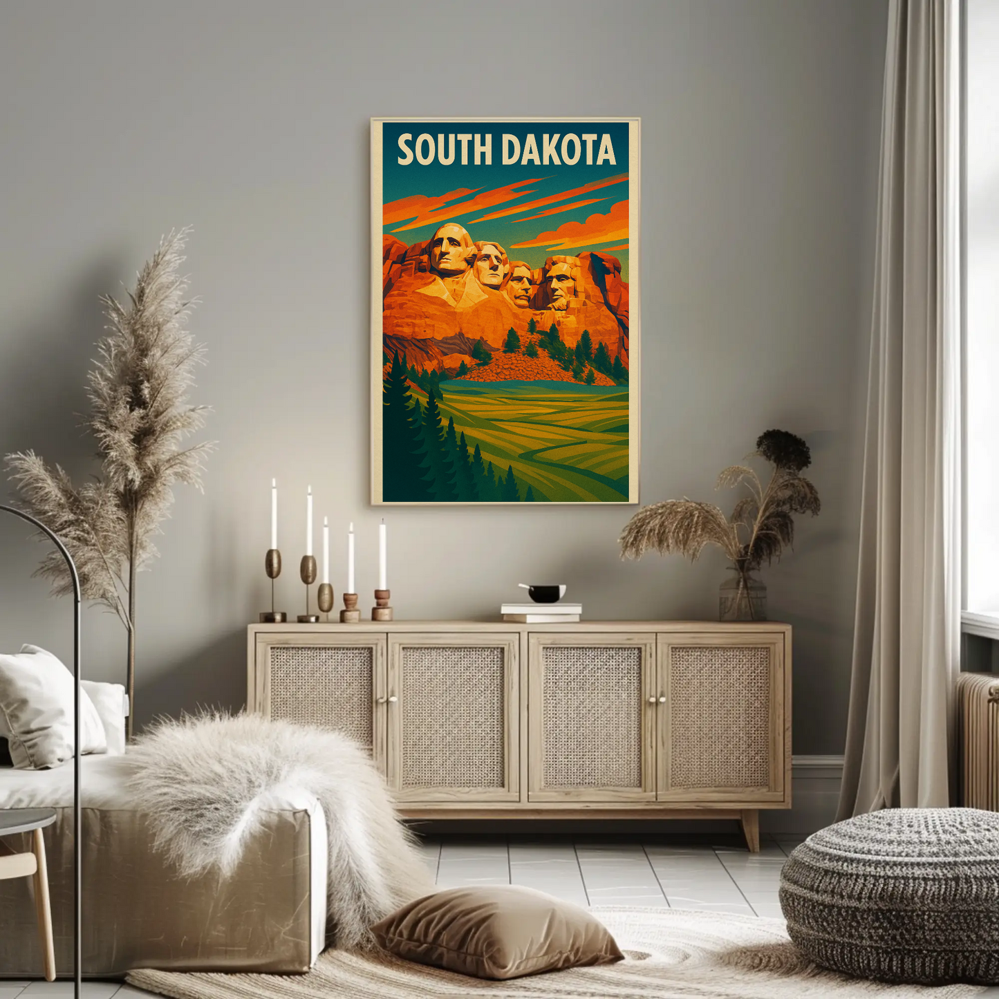 Mount Rushmore Sunset Field South Dakota Vintage Travel Poster