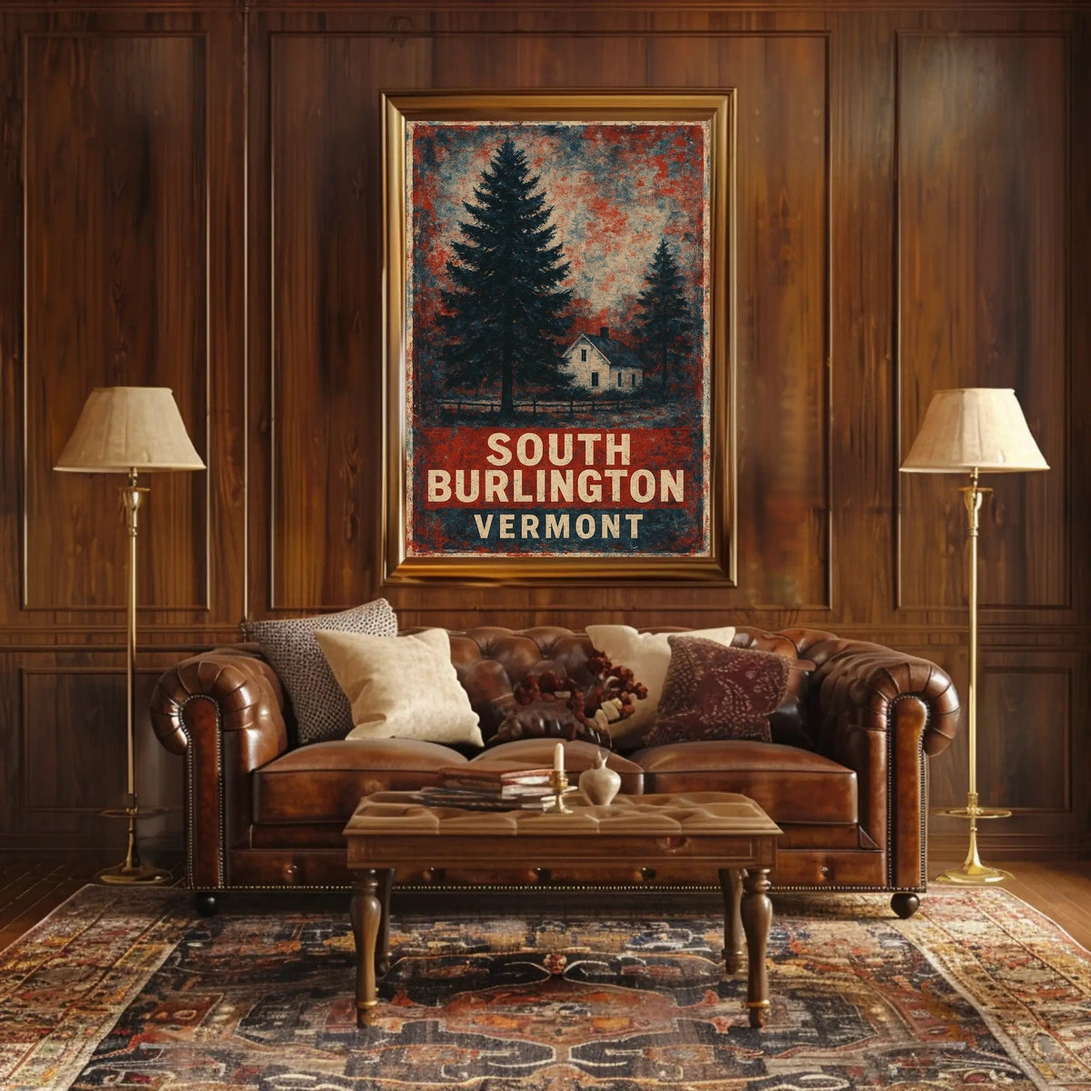 Cozy Vintage Vermont Rustic Folk Art Poster