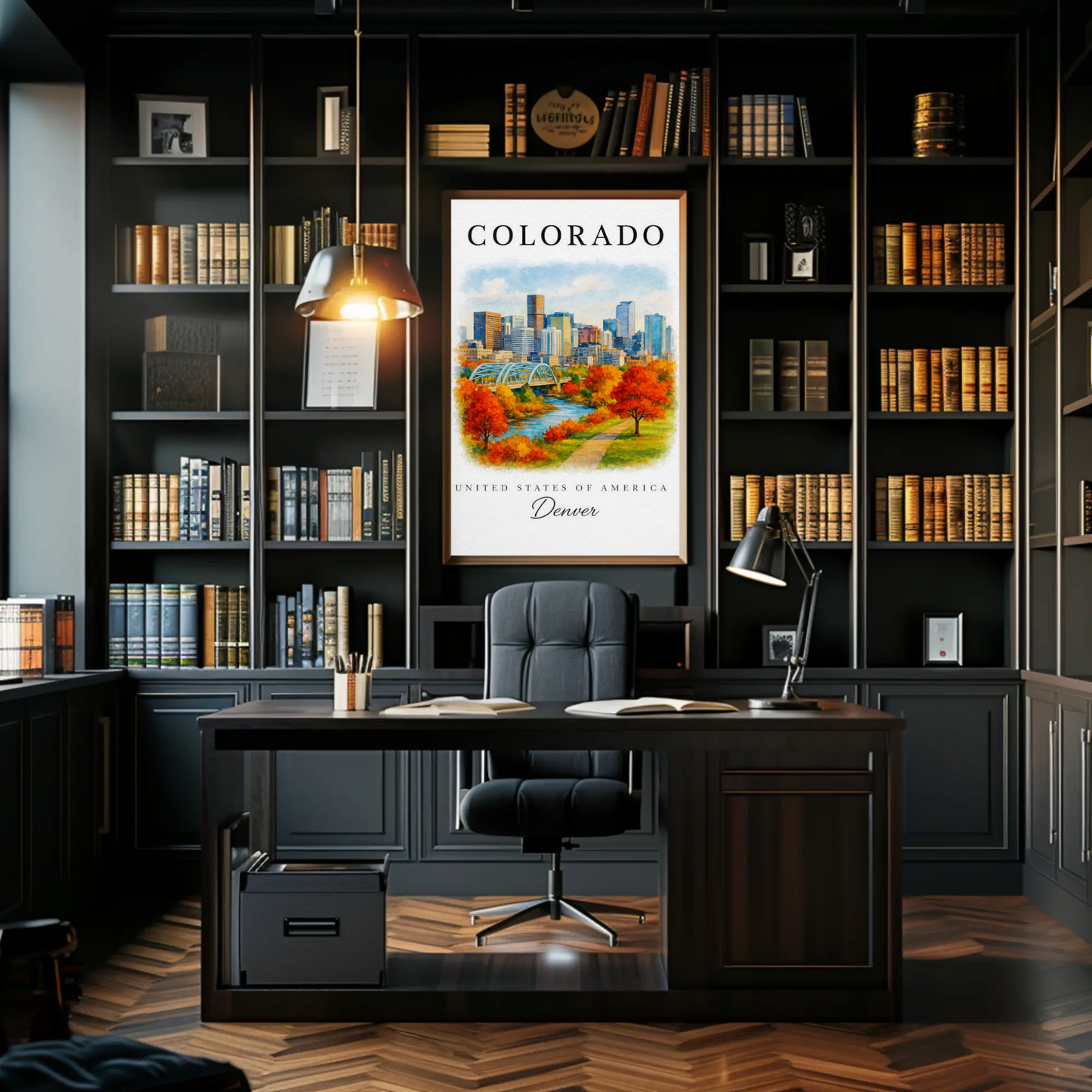 Denver Skyline Autumn Path River Travel Poster
