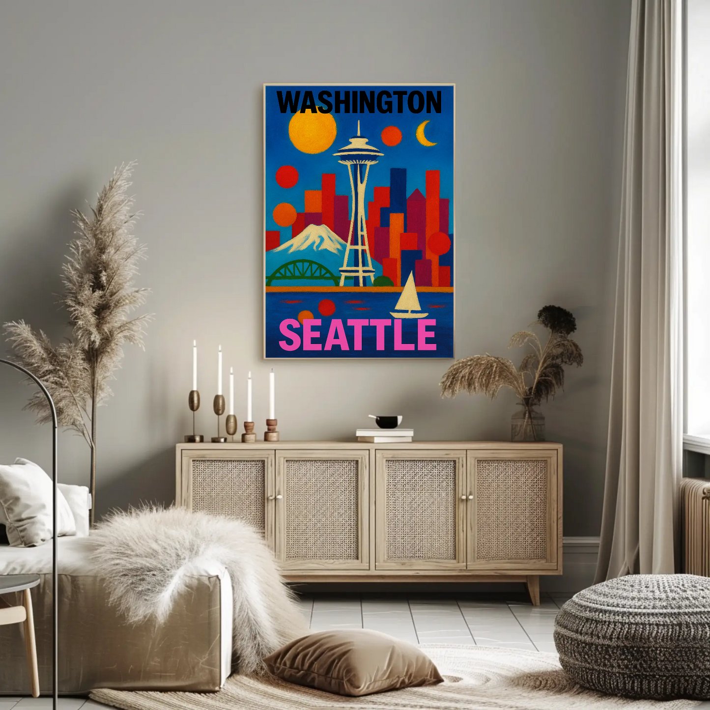 Washington Seattle Space Needle Mountains Sunset Vintage Travel Poster