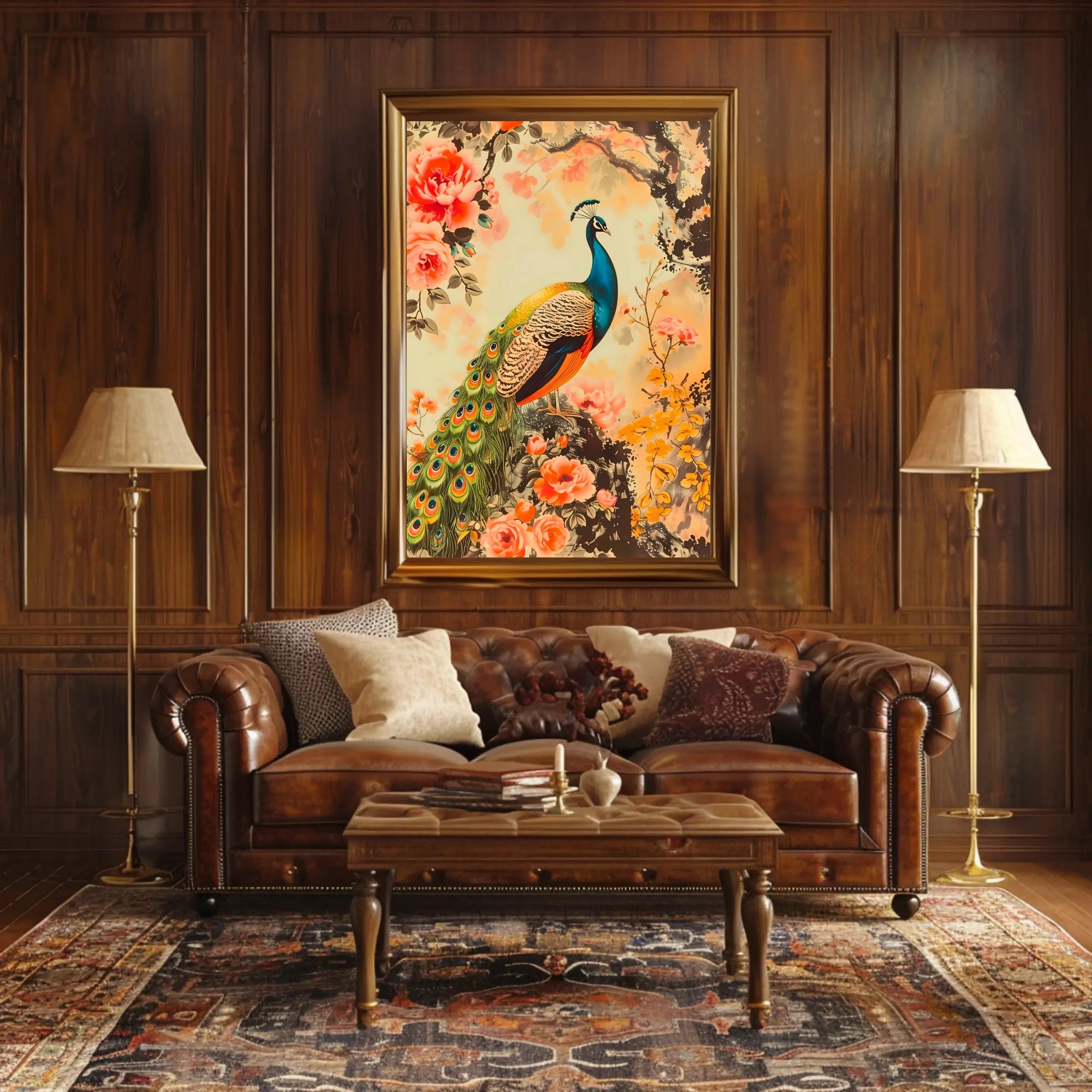 Peacock in Floral Splendor: Artistic Poster
