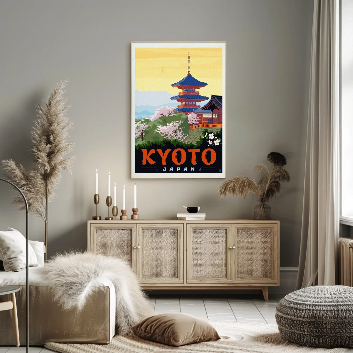 Kyoto Japan Pagoda Cherry Blossoms Temple Scene Vintage Travel Poster