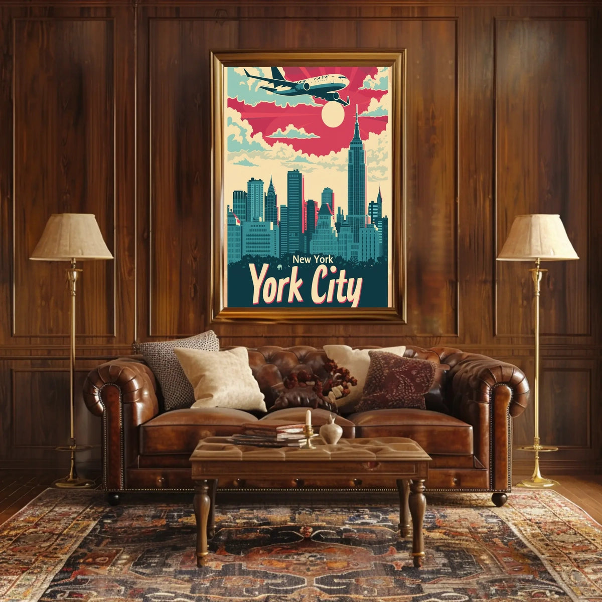 New York City Skyline Illustration Poster Retro Wall Art
