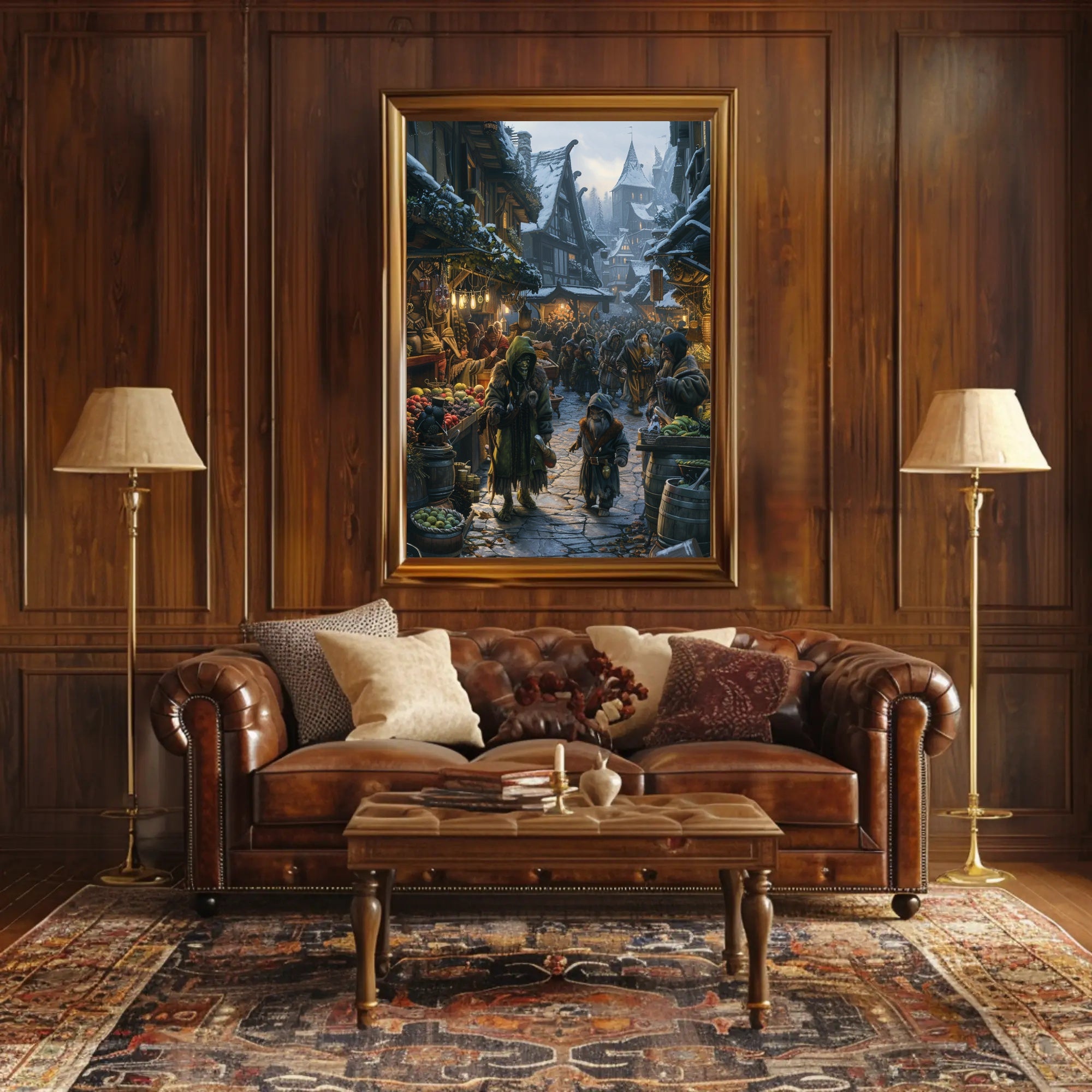 Medieval Snow Village Market Scene Fantasy or Mythology Poster PosterGoat