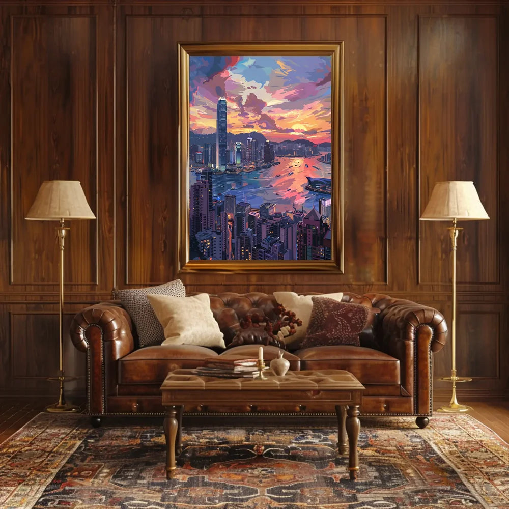 Hong Kong Sunset Cityscape Modern Art Poster