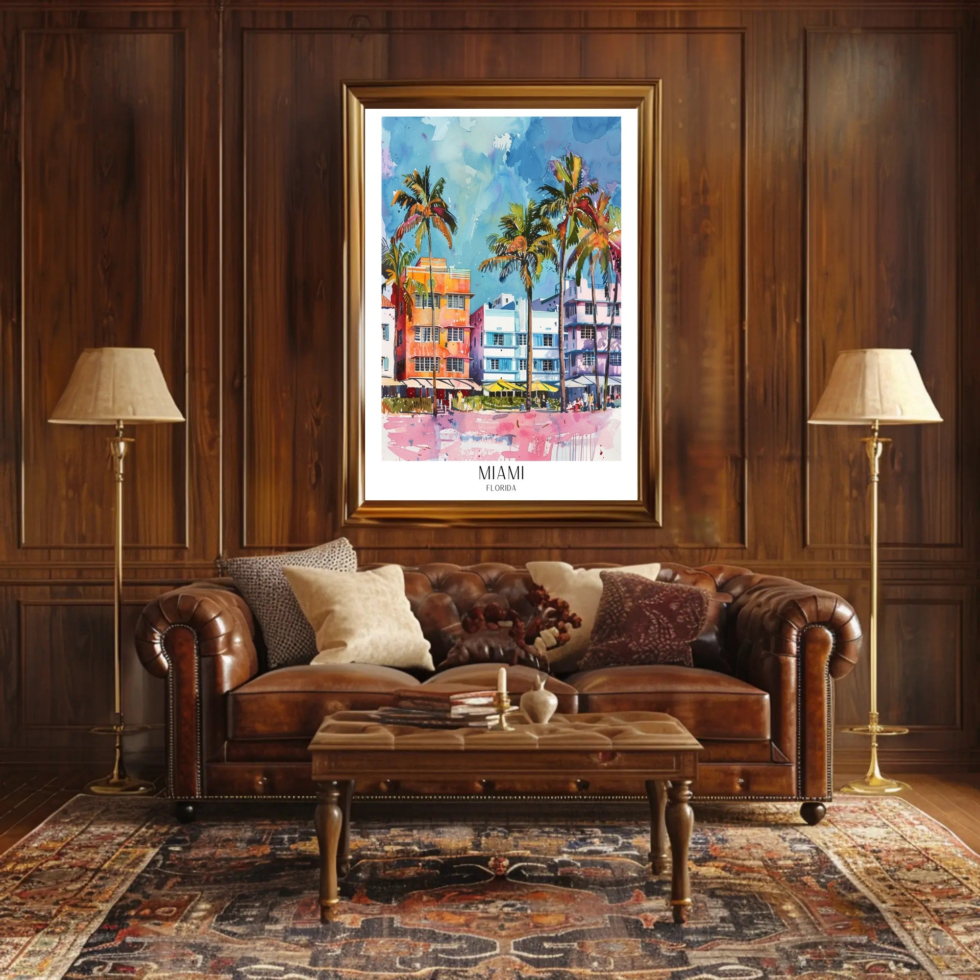 Miami Art Deco Street Scene Vibrant Travel Poster PosterGoat