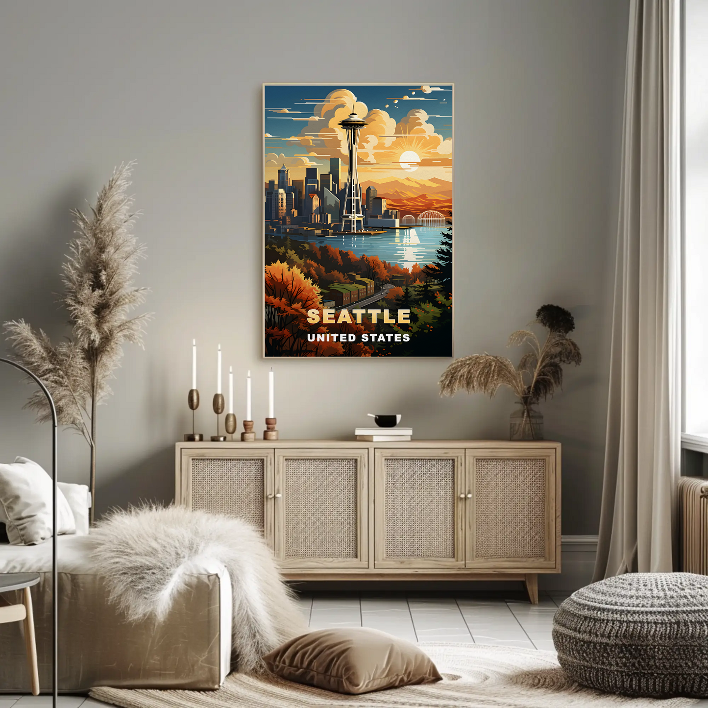 Seattle Space Needle Autumn Sunset Vintage Travel Poster