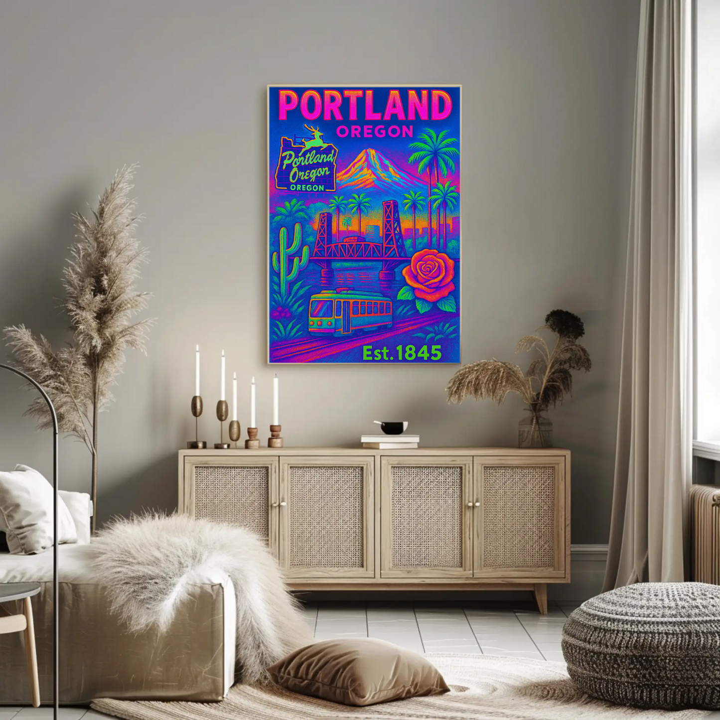 Portland Oregon Rose Bridge Mountain Vintage Travel Poster