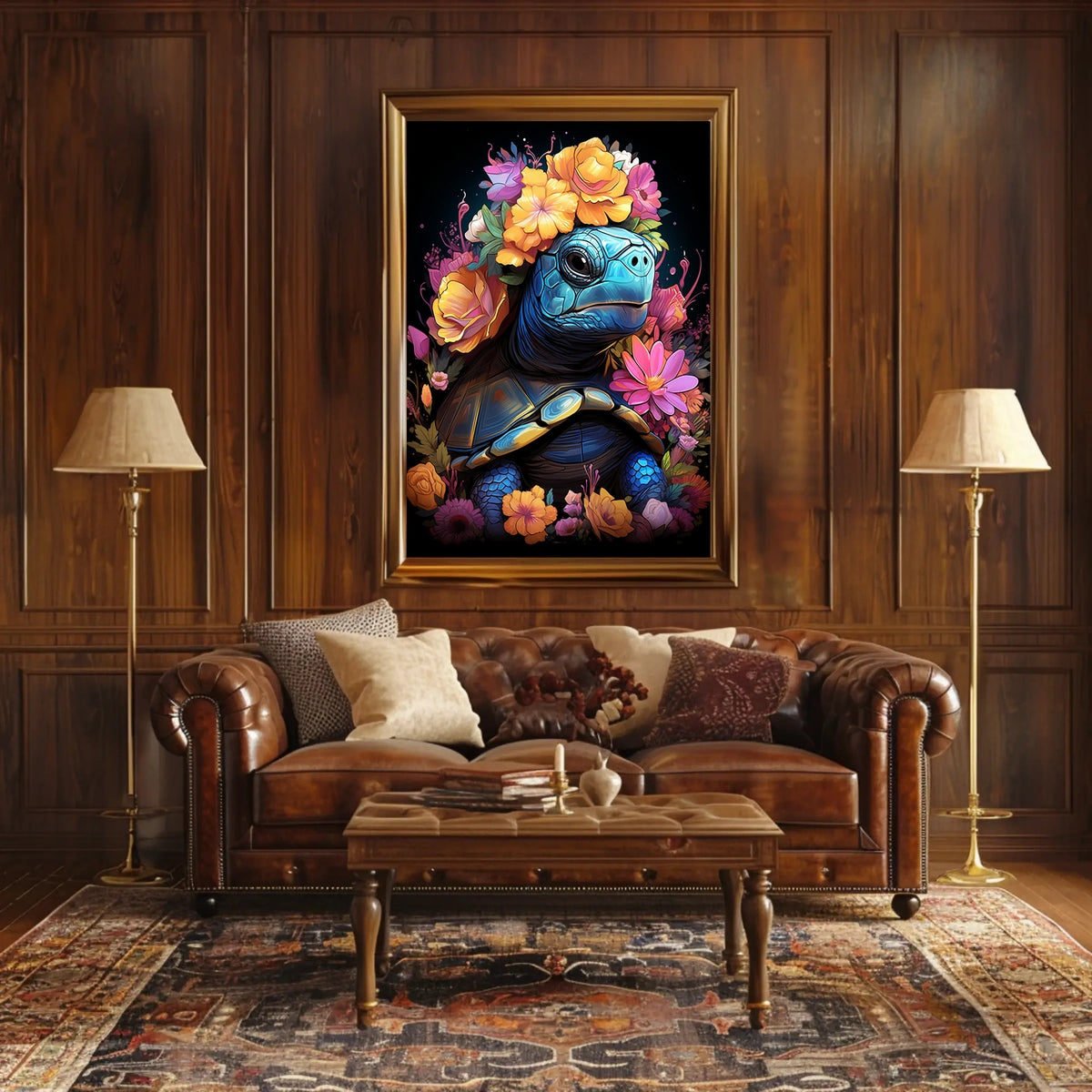 Floral Majesty Turtle Crown Whimsical Digital Lovers Poster