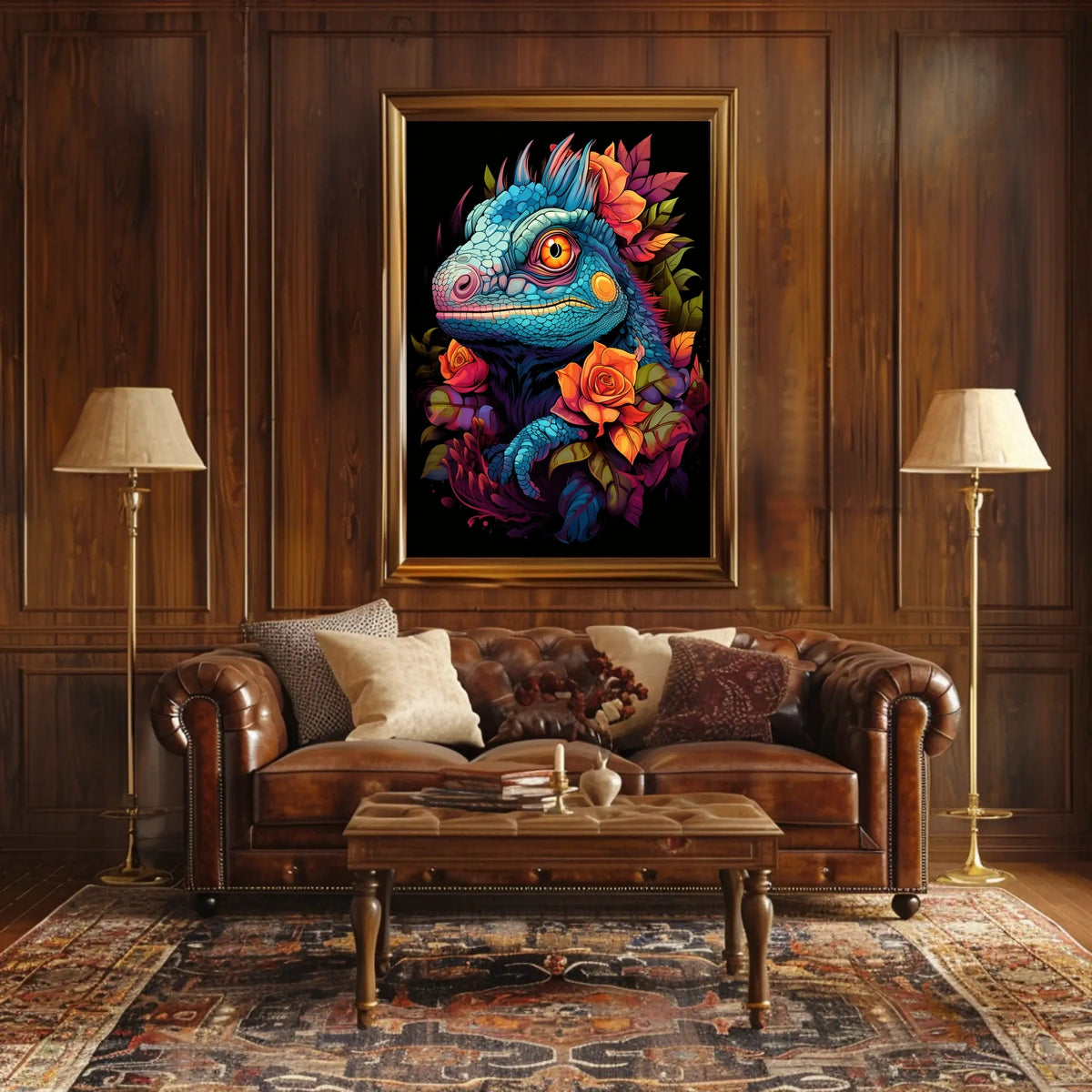 Vibrant Iguana With Roses Poster