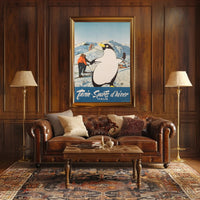 Winter Sports Fun Poster with Playful Penguin: Travel Poster PosterGoat