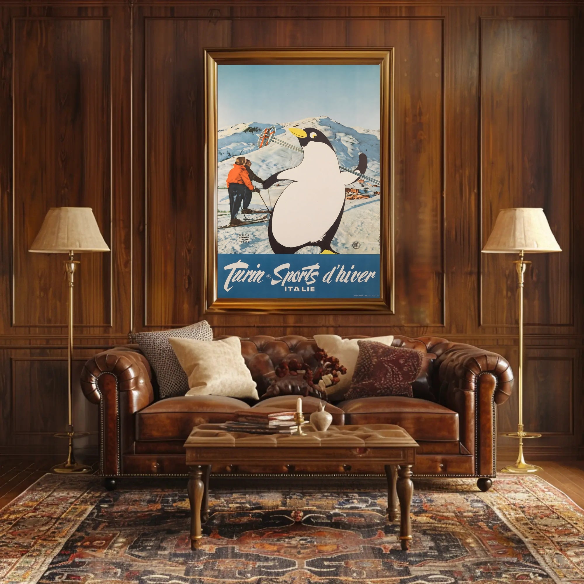 Winter Sports Fun Poster with Playful Penguin: Travel Poster PosterGoat